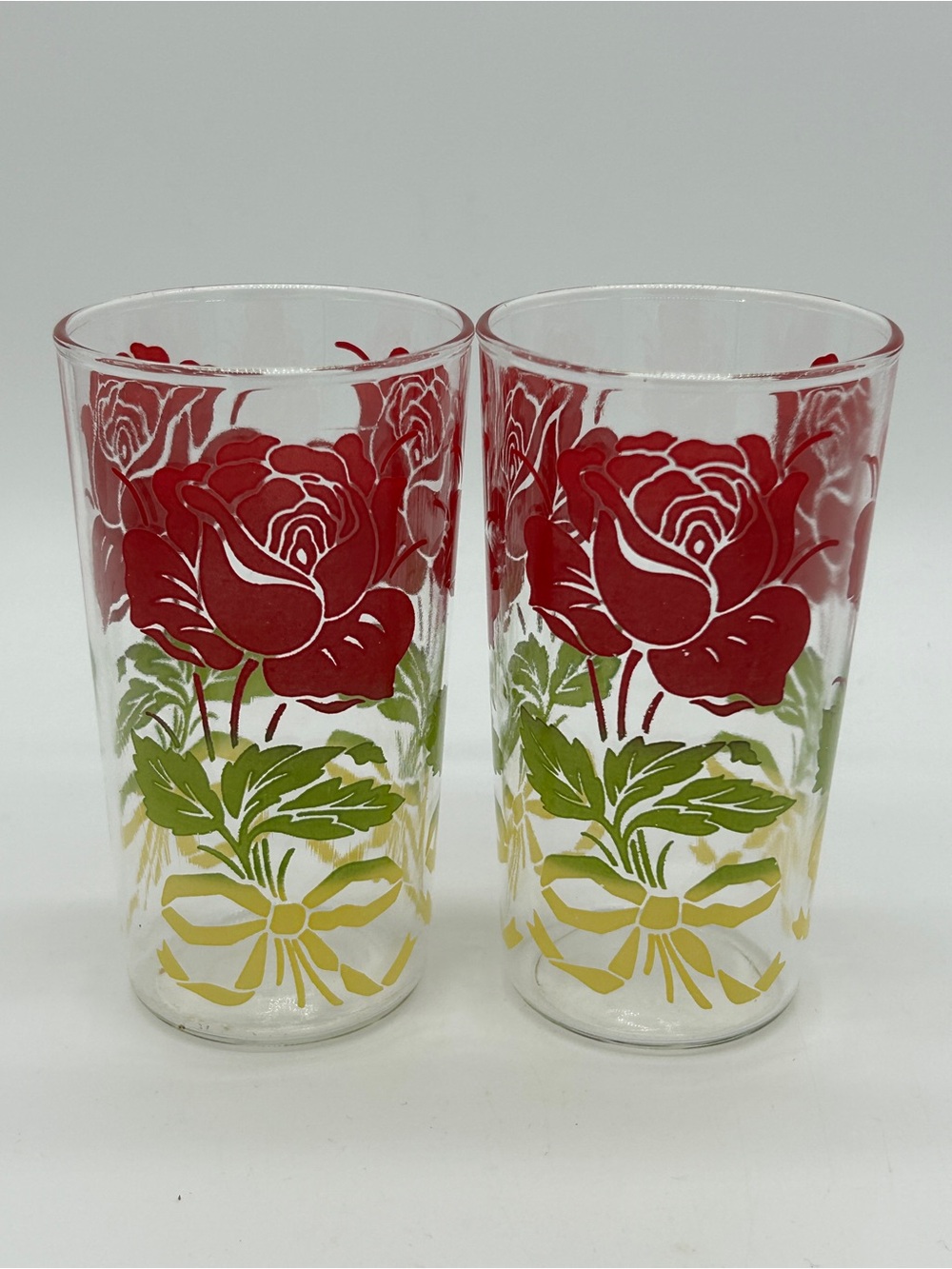 Vintage Anchor Hocking Swanky Swig Red Roses Yellow Bows Juice Glasses Set of 2